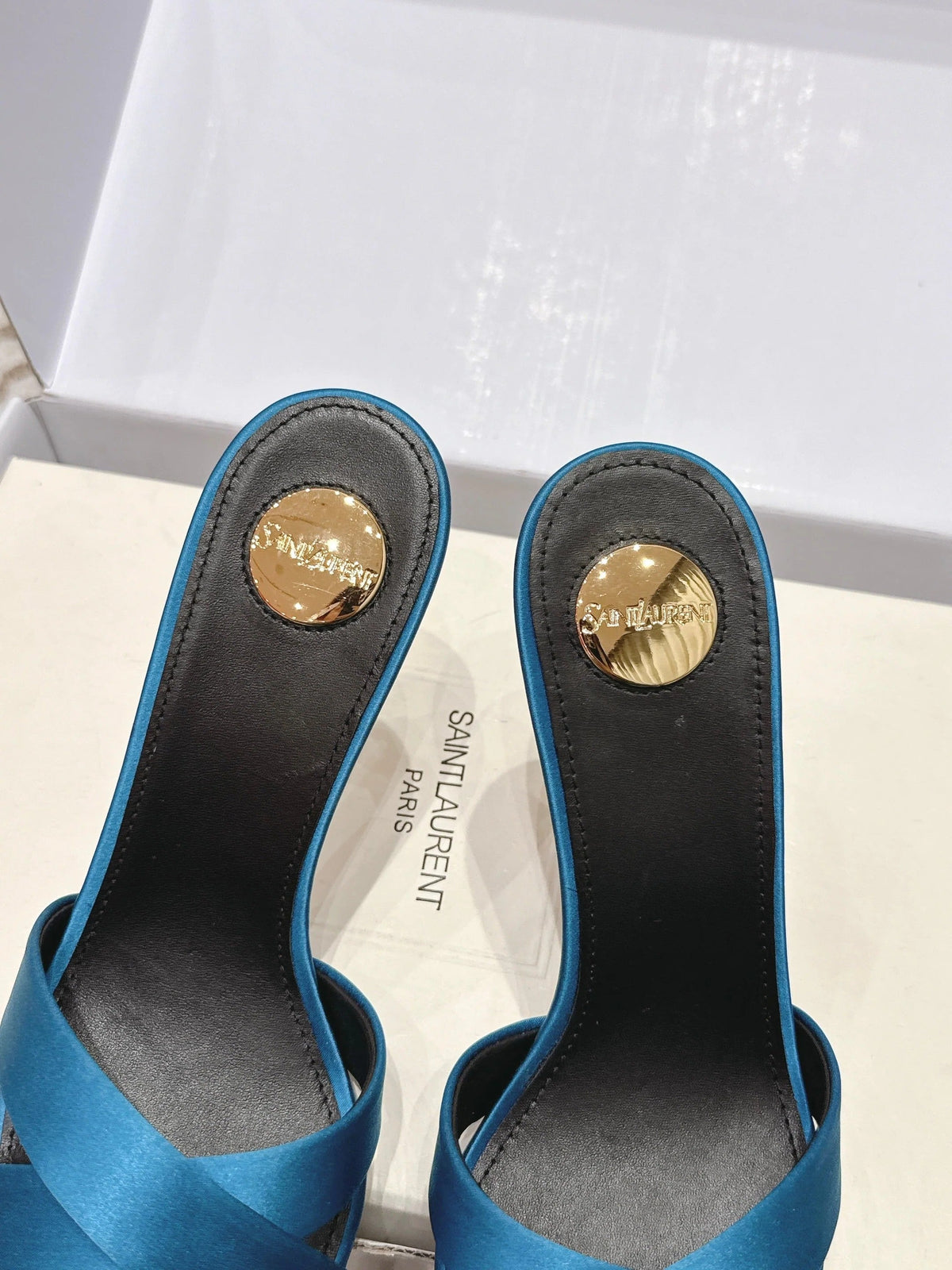 YSL 26ss High-Heeled Mules 85 Blue Black Satin Leather 660670