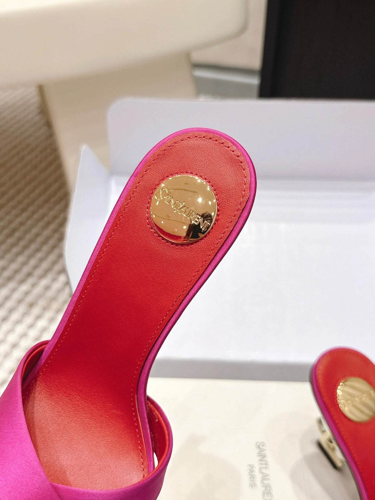 YSL 26ss High-Heeled Mules 85 Pink Red Satin Leather 660673