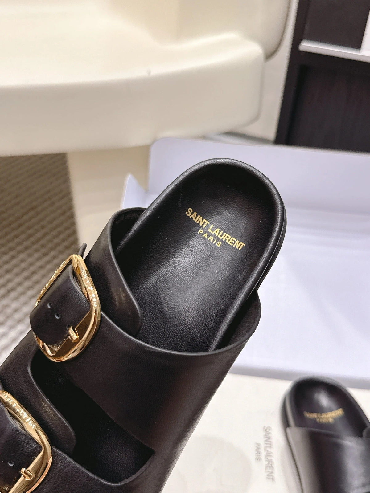 YSL 26ss Platform Slippers Black Sheepskin Gold Buckle 663205