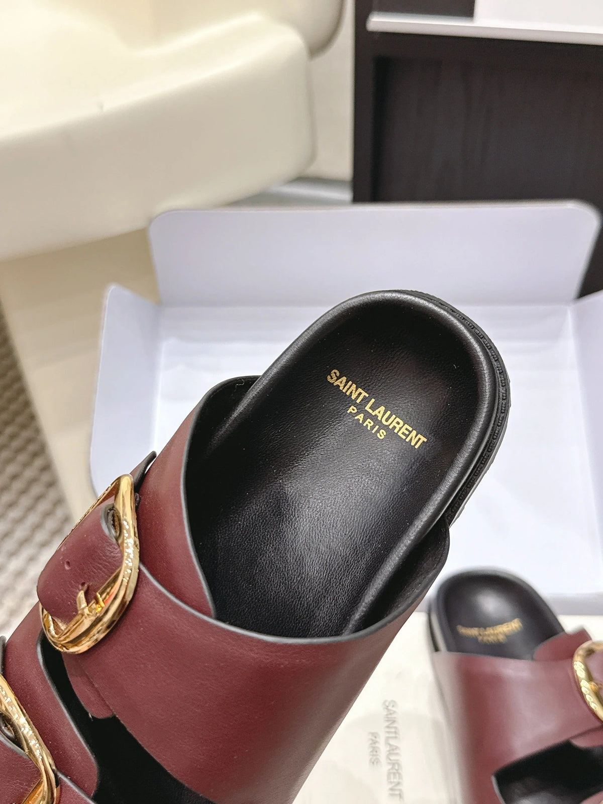 YSL 26ss Platform Slippers Black Burgundy Sheepskin Gold Buckle 663207