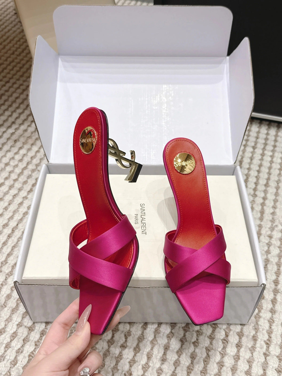 YSL 26ss High-Heeled Mules 85 Pink Red Satin Leather 660673