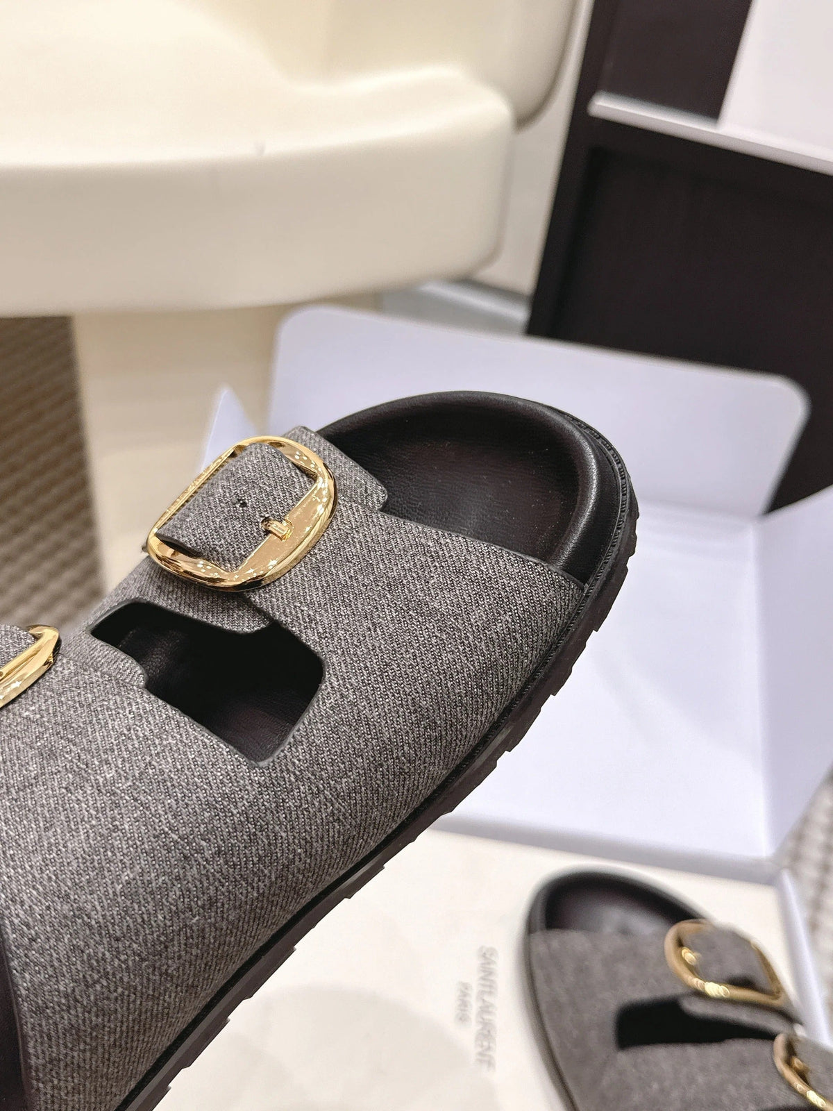 YSL 26ss Platform Slippers Black Gray Denim Leather 663210
