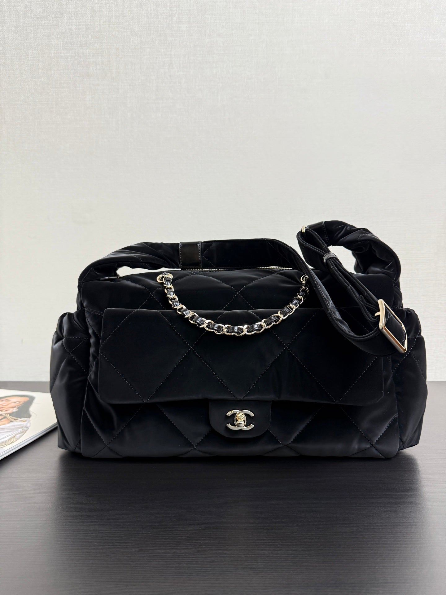 Chanel 26 Bowling Maxi Bag 32 Black Velvet Effect Nylon