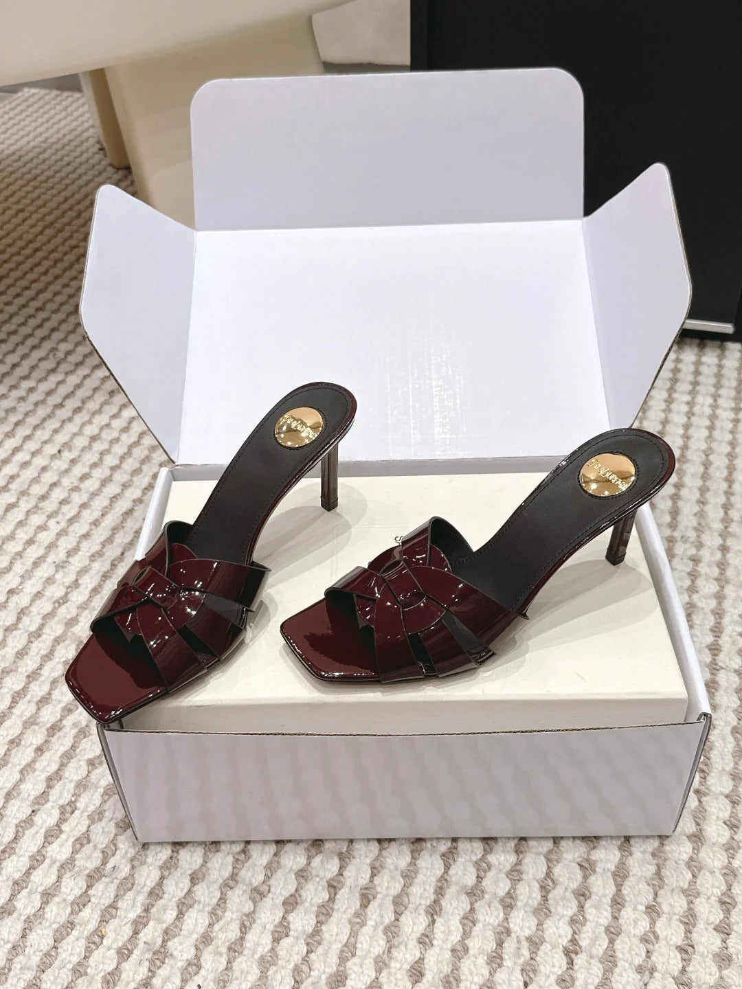 YSL 26ss High-Heeled Slippers 75 Patent Leather