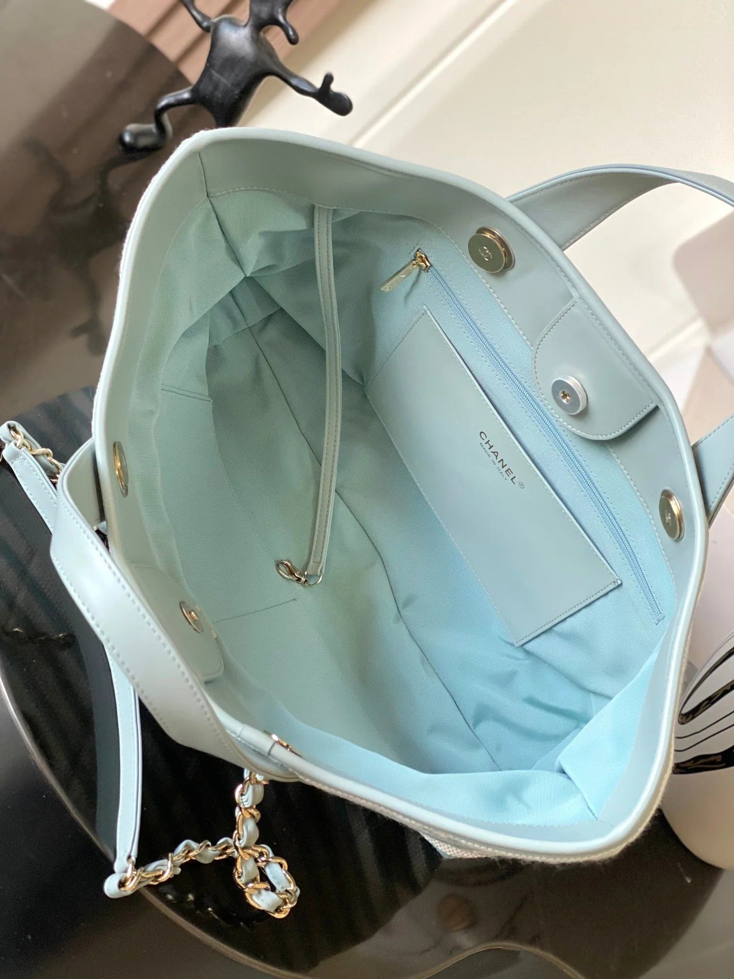 Chanel 2026 Deauville Tote Bag 46cm Light Blue mix White Canvas Leather 331129