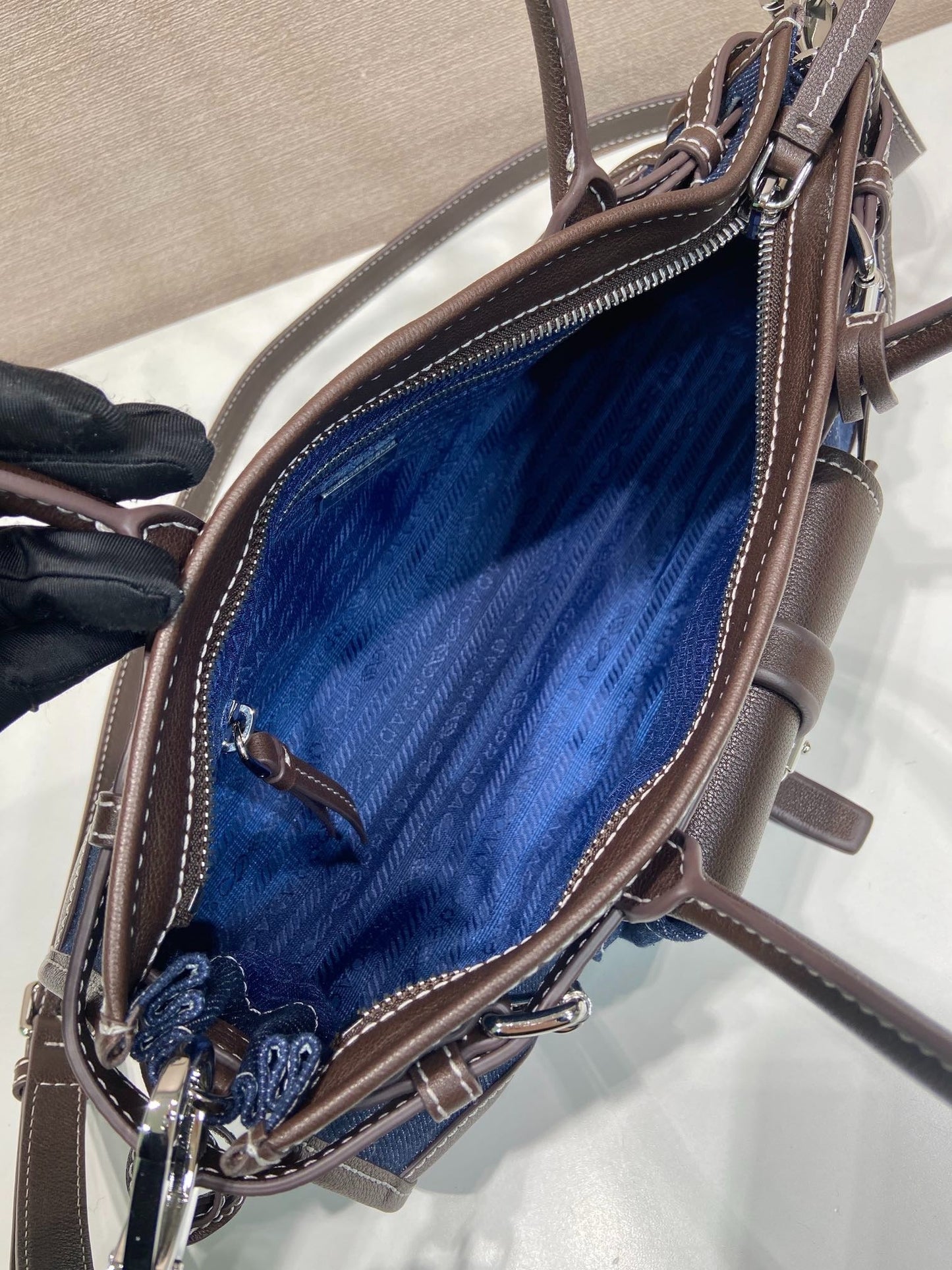 Prada 2026 Bonnie Bag 32cm Blue Brown Denim Leather 351805