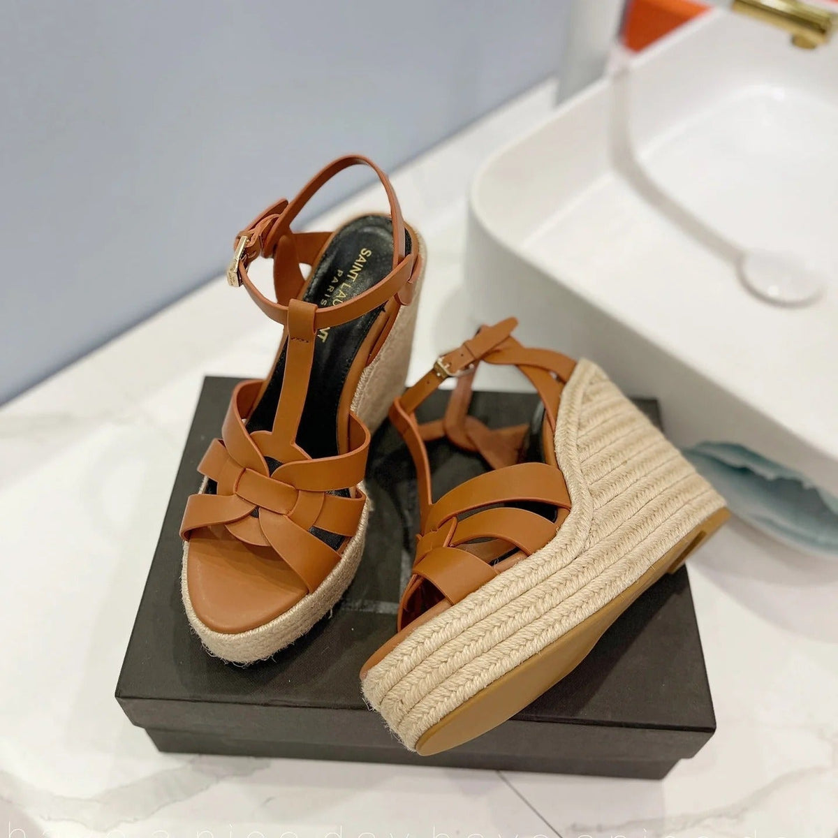 Saint Laurent 2026 Strap Buckle-detail Espadrilles Brown Leather