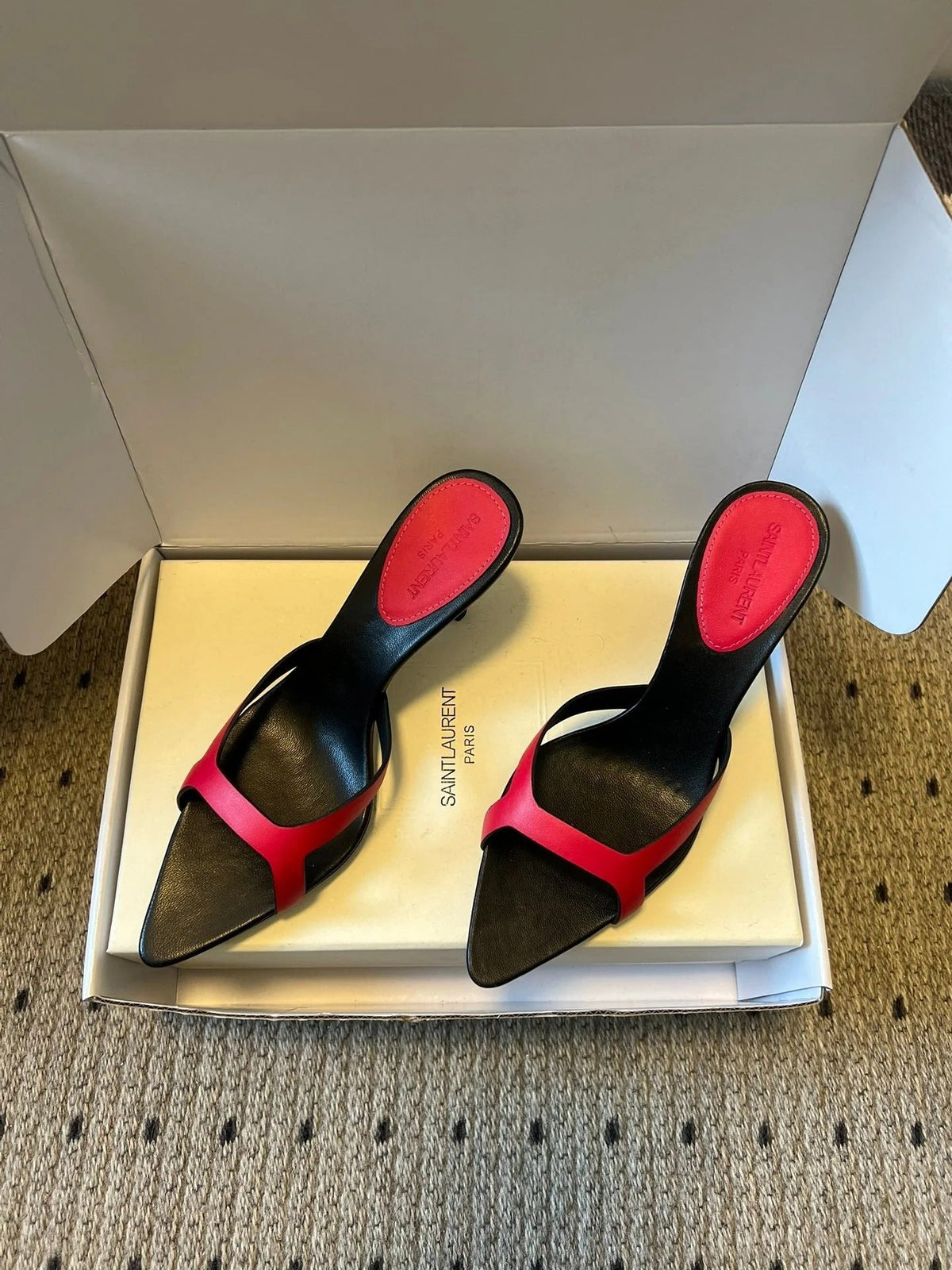 YSL 26ss High Heeled Mules 75 Black Dark Pink Cowhide 651768