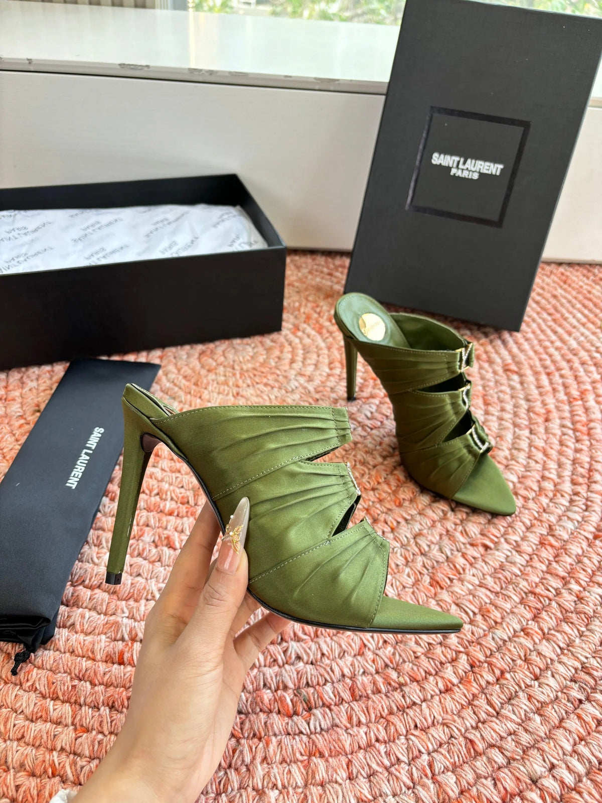 YSL 26ss Pointed High Heels Sandals 110 Green Silk Leather 648791