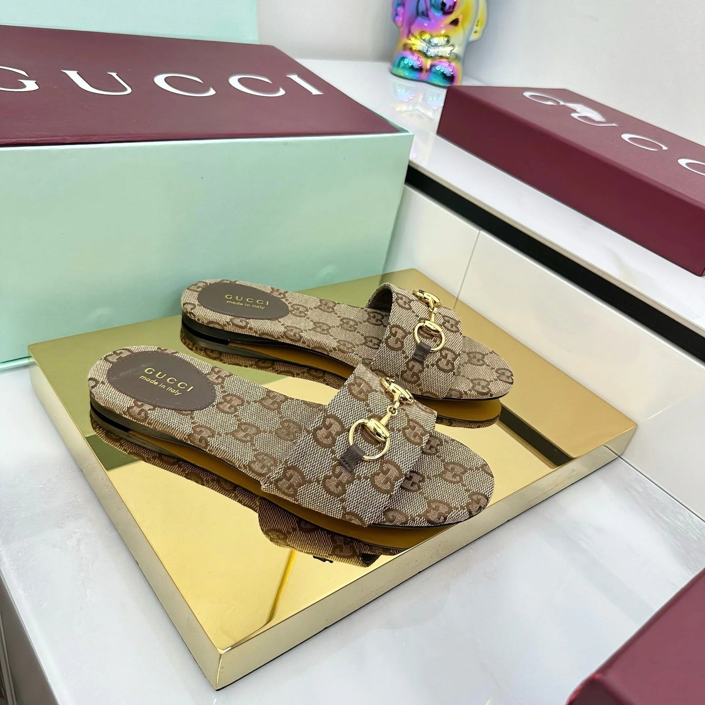 GG SLIDES IN DARK BEIGE WITH GOLD HARDWARE