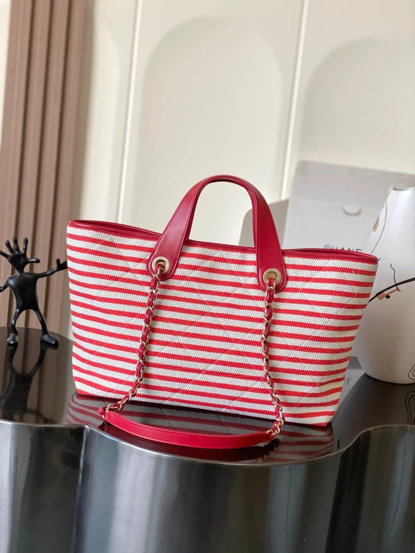 Chanel 2026 Deauville Tote Bag 46cm Red mix White Canvas Leather 331128