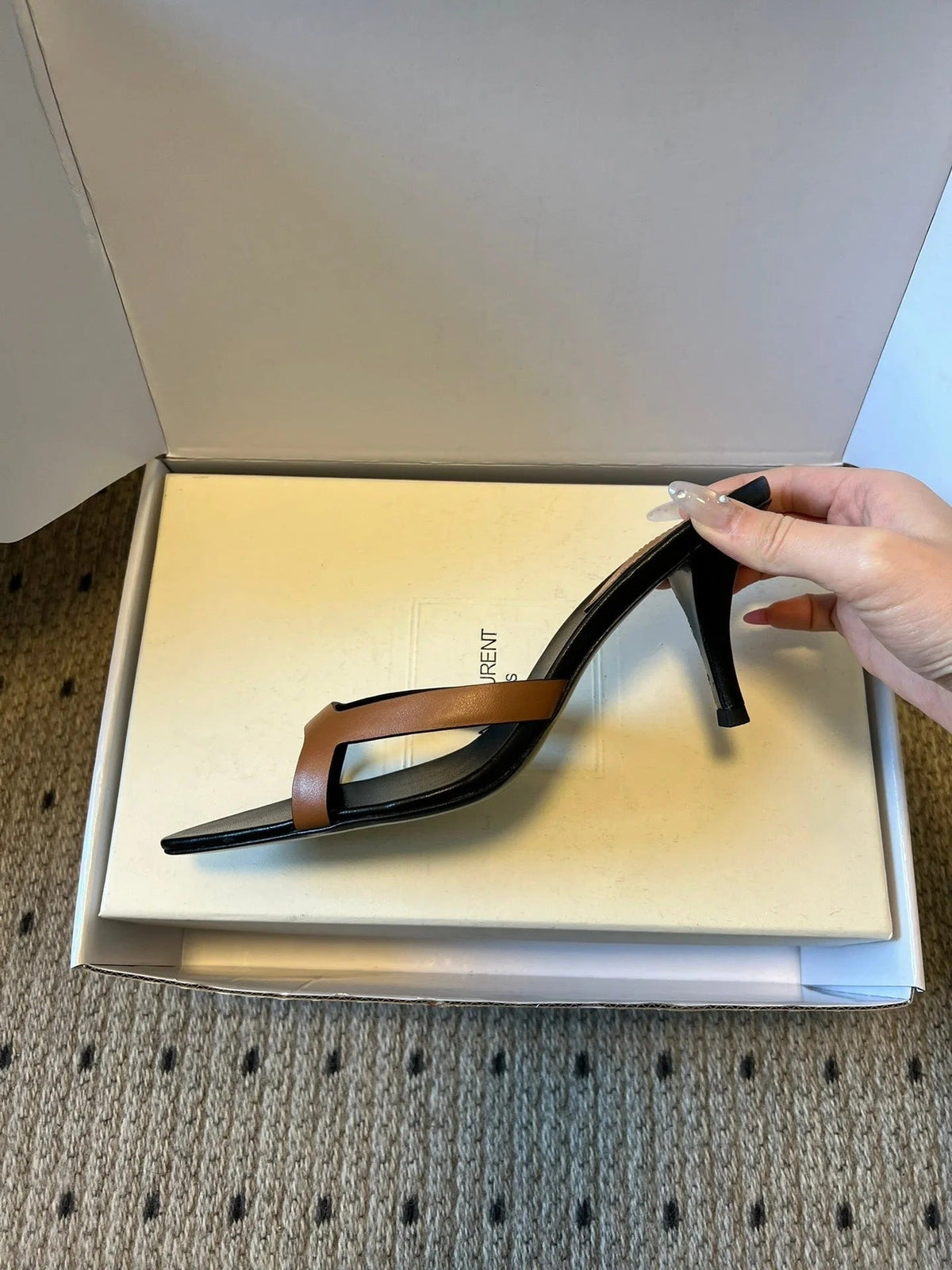 YSL 26ss High Heeled Mules 75 Black Brown Cowhide 651761