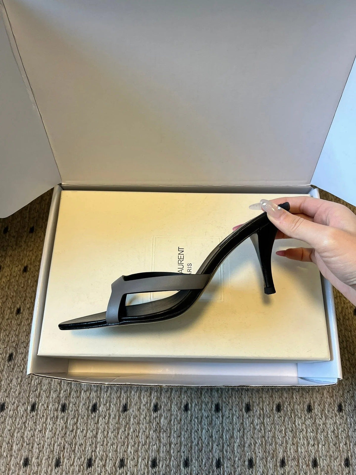 YSL 26ss High Heeled Mules 75 Black Gray Cowhide 651762